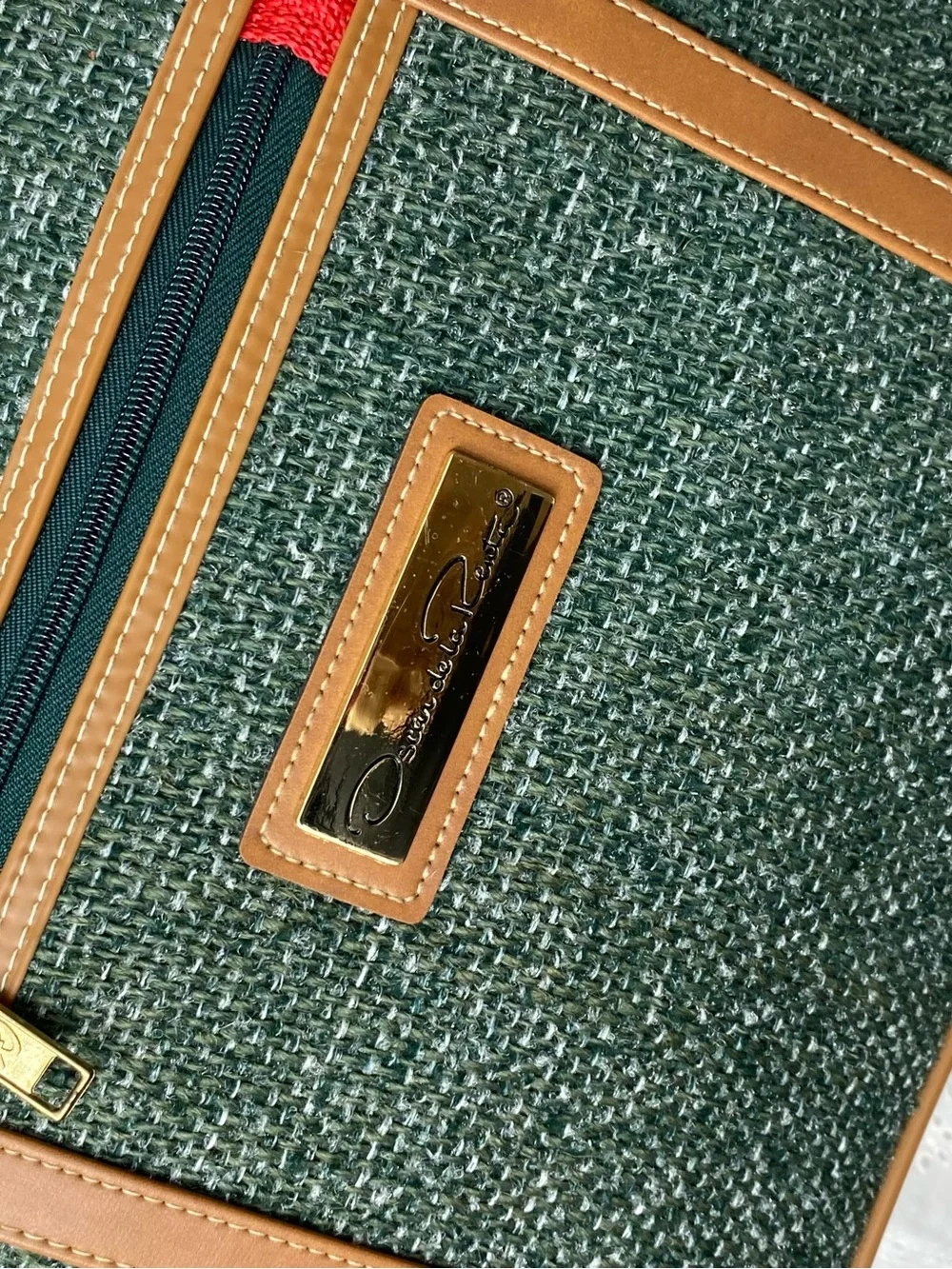 Oscar de la Renta Green Tweed Messenger with Tan Trim and Gold Hardware